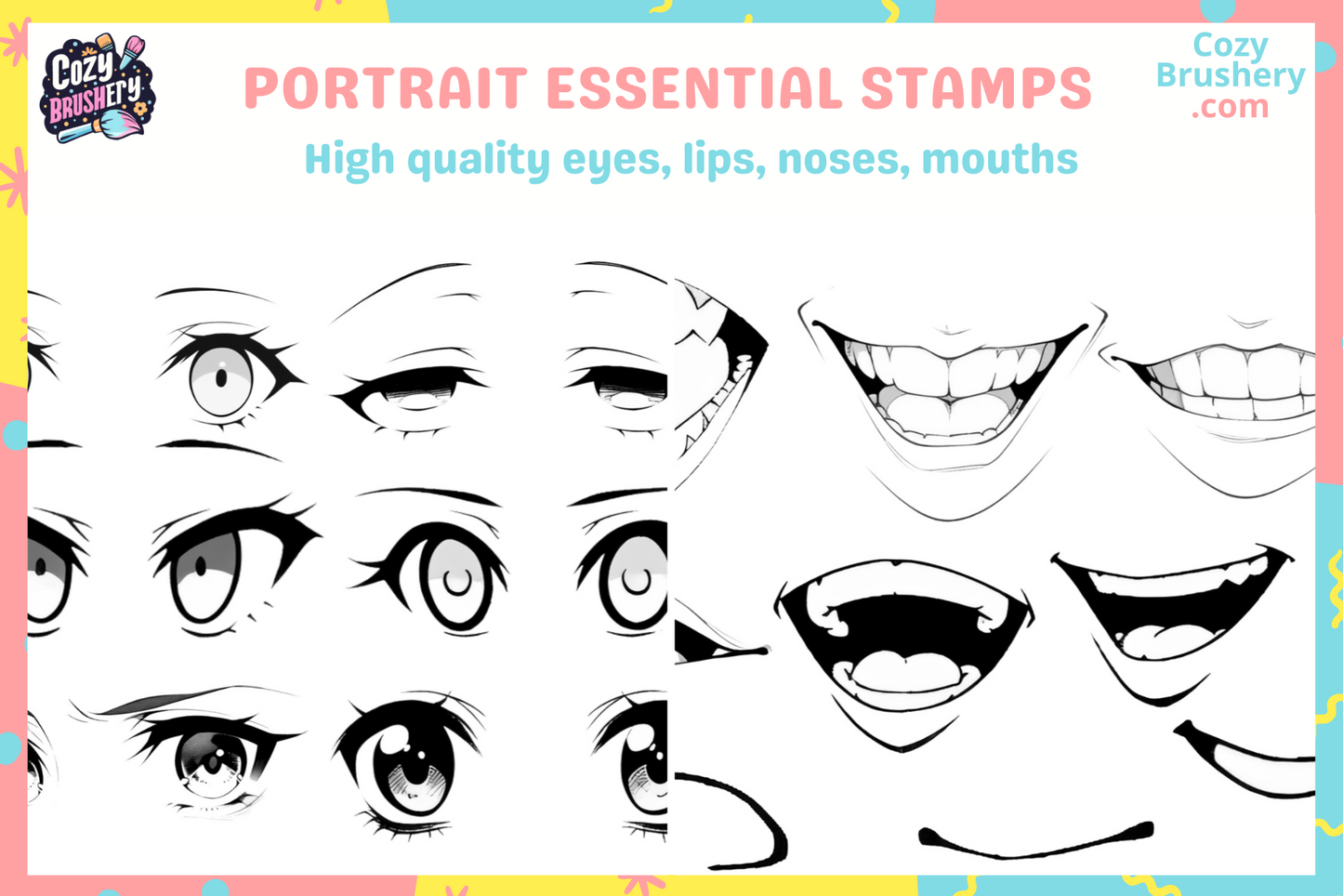 170 Procreate Anime Eyes Nose Mouth Lips Face Head Stamps - Cozy Brushery