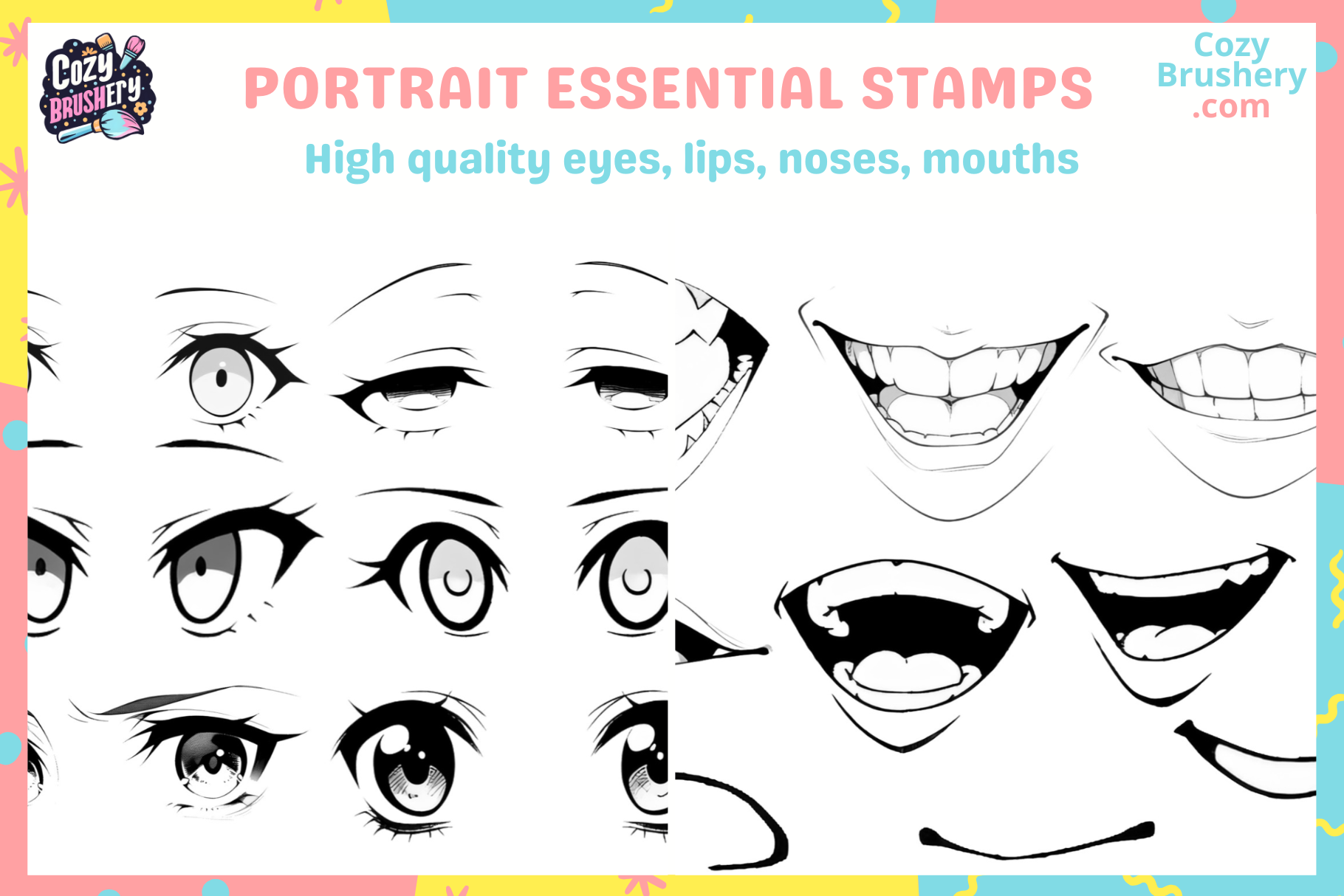 170 Procreate Anime Eyes Nose Mouth Lips Face Head Stamps - Cozy Brushery