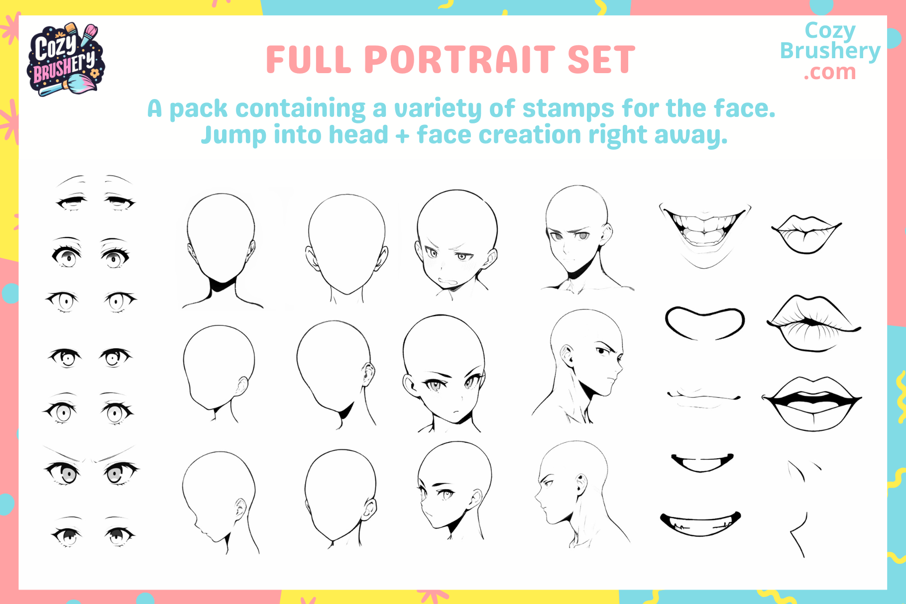 170 Procreate Anime Eyes Nose Mouth Lips Face Head Stamps - Cozy Brushery