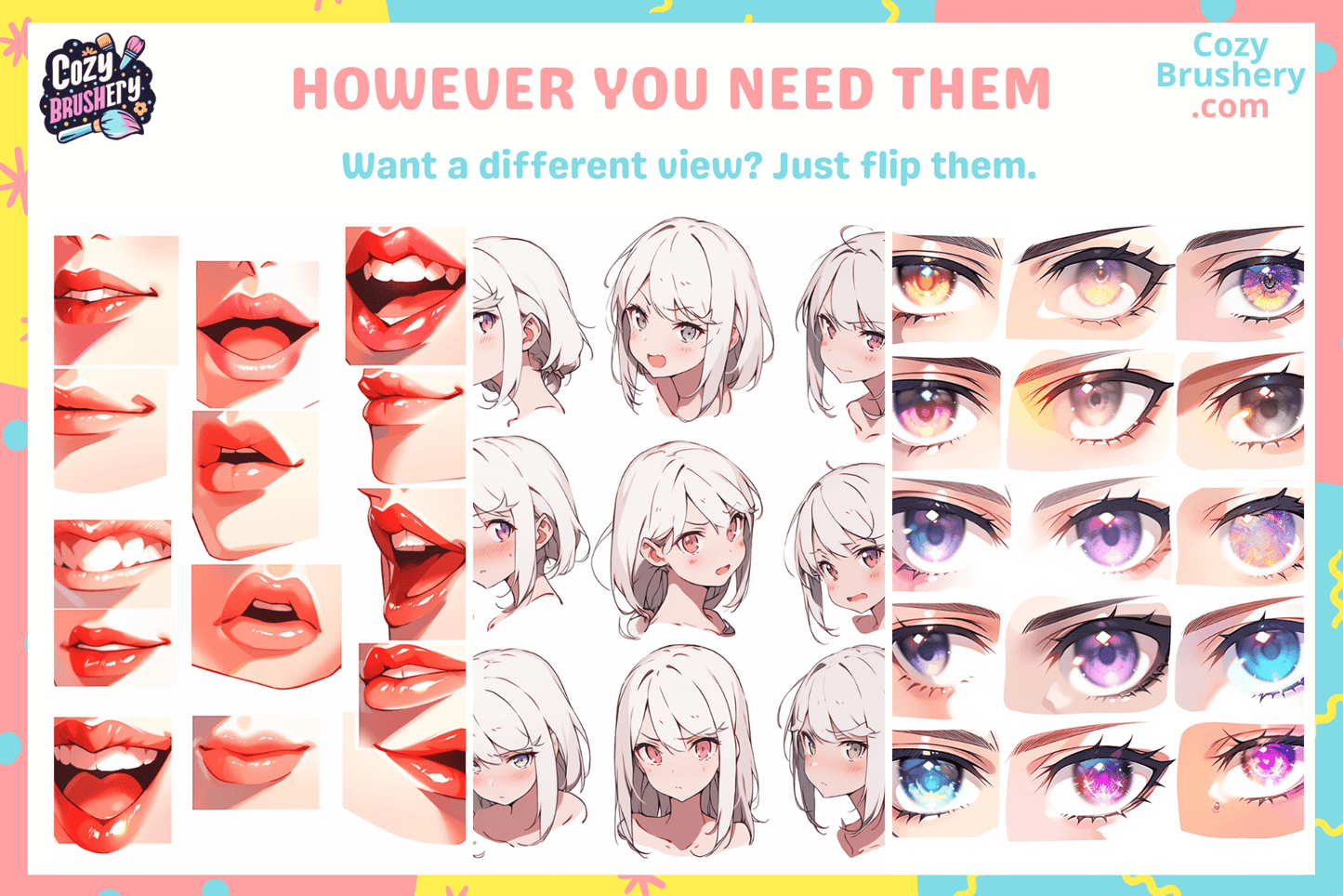 170 Procreate Anime Eyes Nose Mouth Lips Face Head Stamps - Cozy Brushery