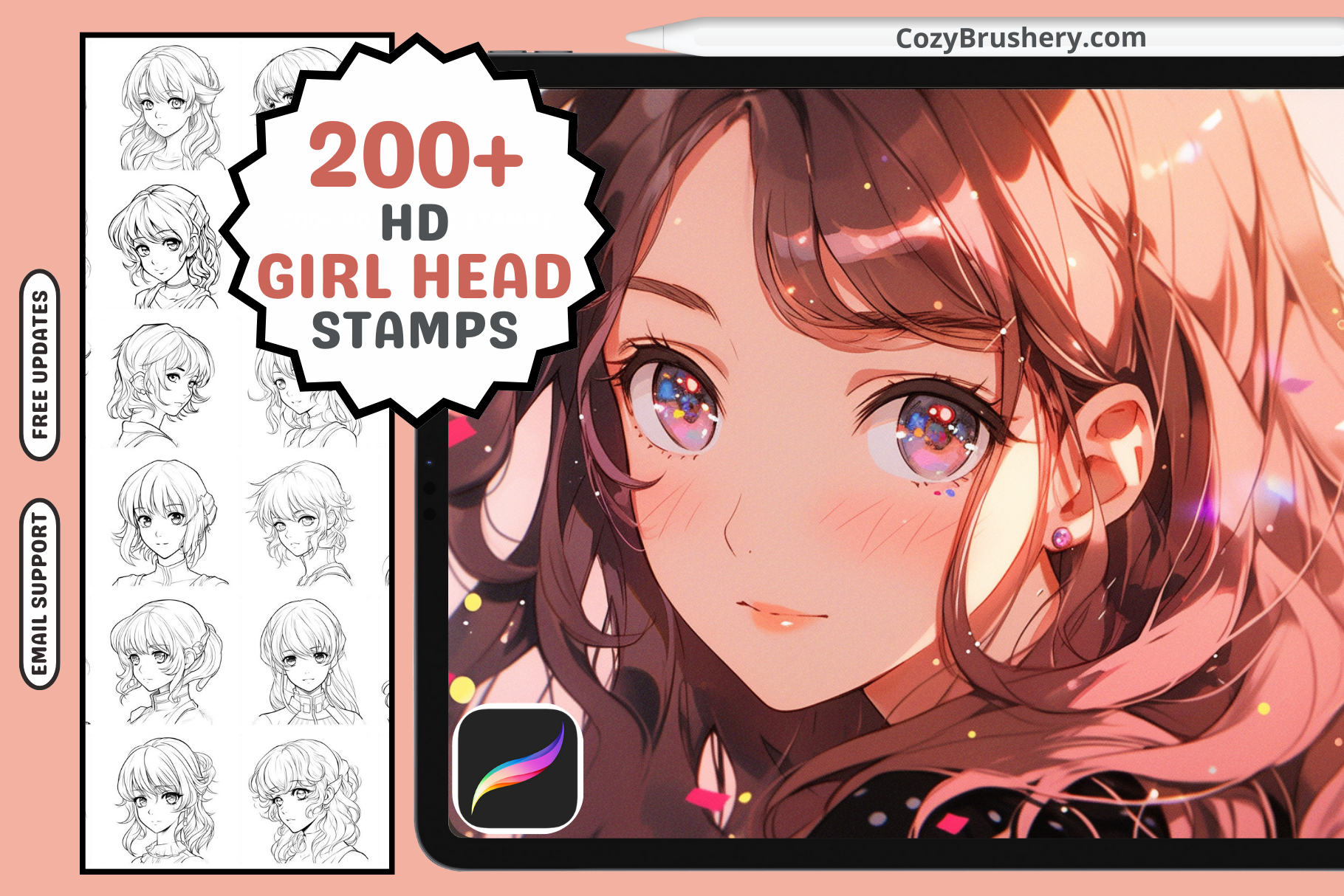 200+ Anime Girl Head Stamps for Procreate Instant Download - Cozy Brushery