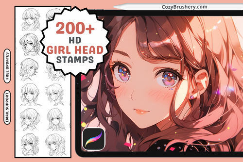 200+ Anime Girl Head Stamps for Procreate Instant Download - Cozy Brushery