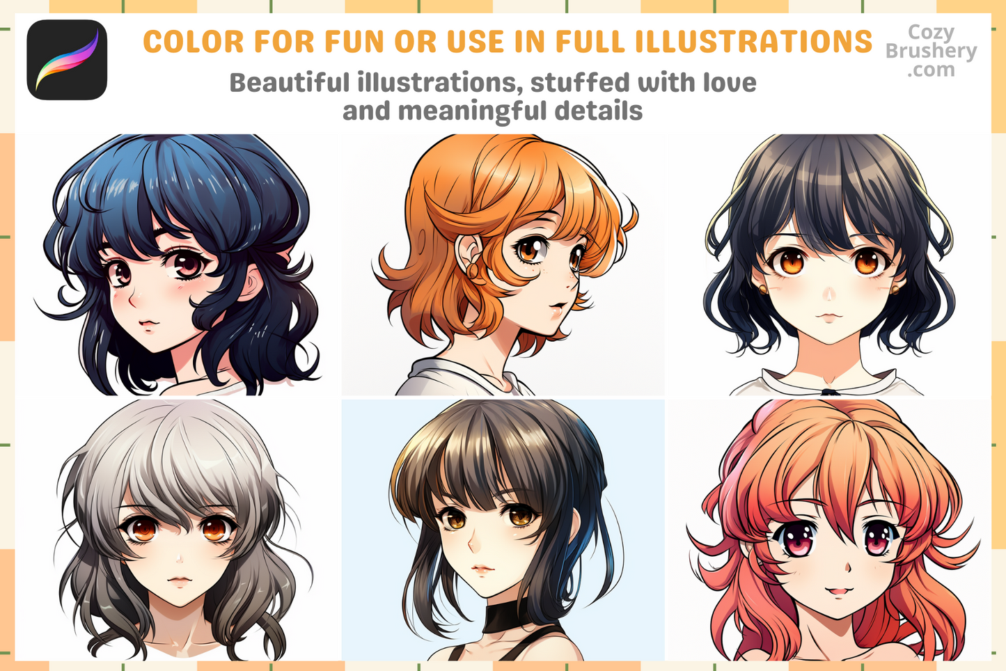 200+ Anime Girl Head Stamps for Procreate Instant Download - Cozy Brushery