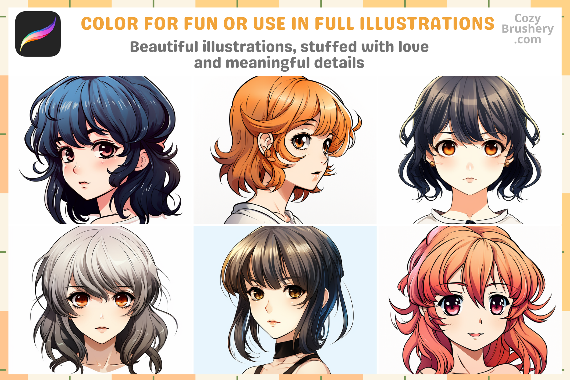 200+ Anime Girl Head Stamps for Procreate Instant Download - Cozy Brushery