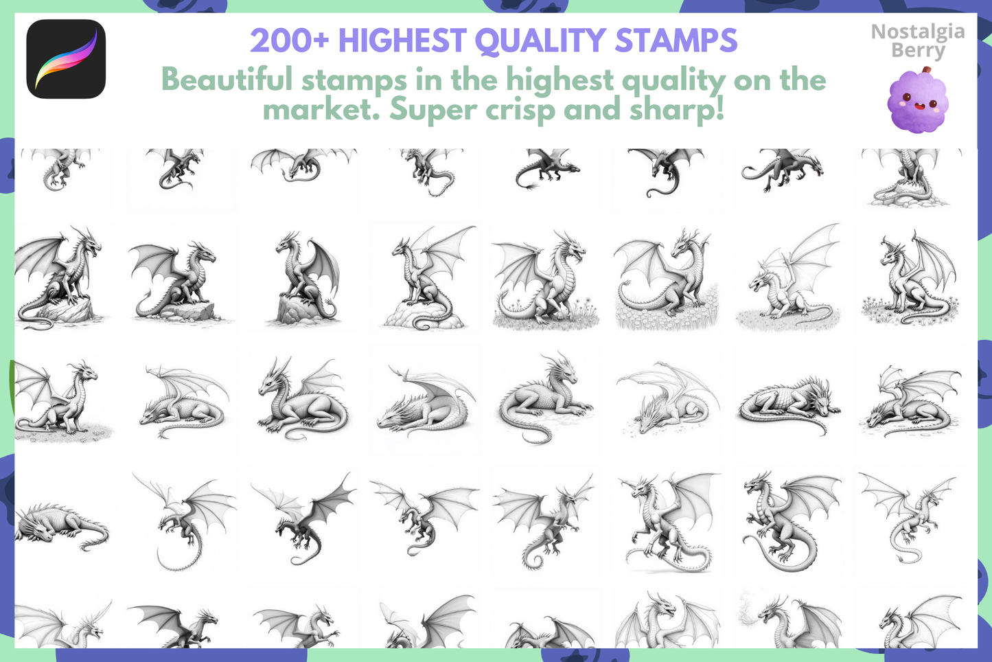 3D Dragon Fantasy – 100+ Realistic Procreate Stamps - Cozy Brushery