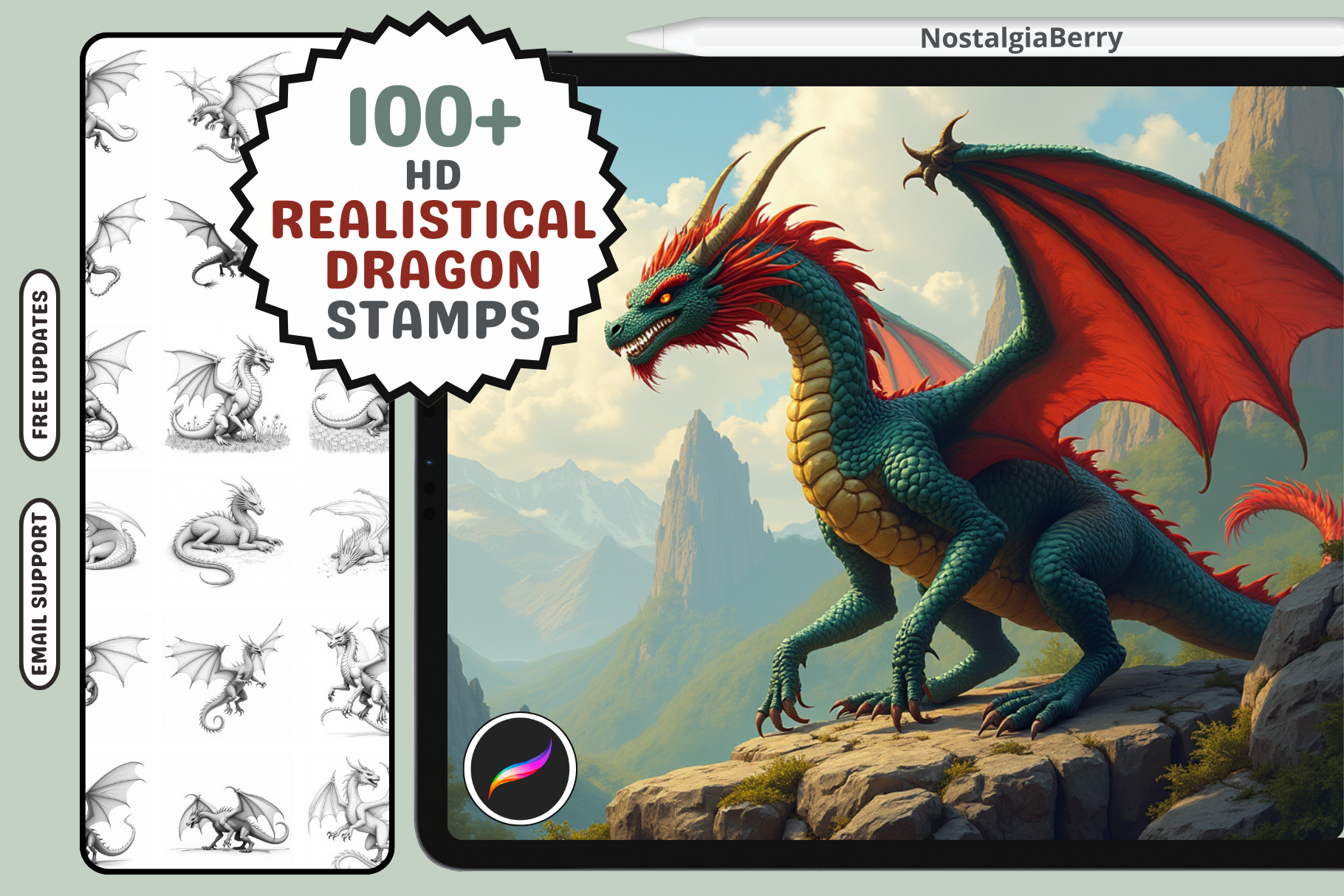 3D Dragon Fantasy – 100+ Realistic Procreate Stamps - Cozy Brushery