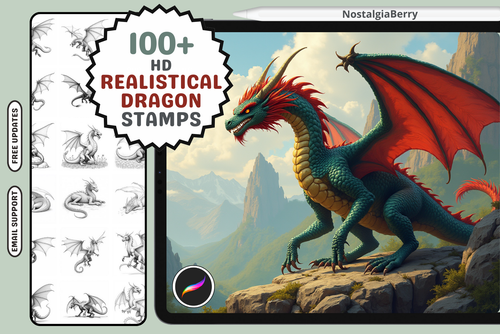 3D Dragon Fantasy – 100+ Realistic Procreate Stamps - Cozy Brushery