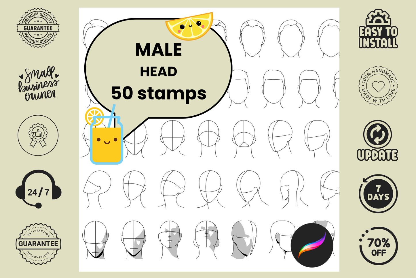 50 Male Head Angles Procreate Stamps for Anatomy Practice - Cozy Brushery