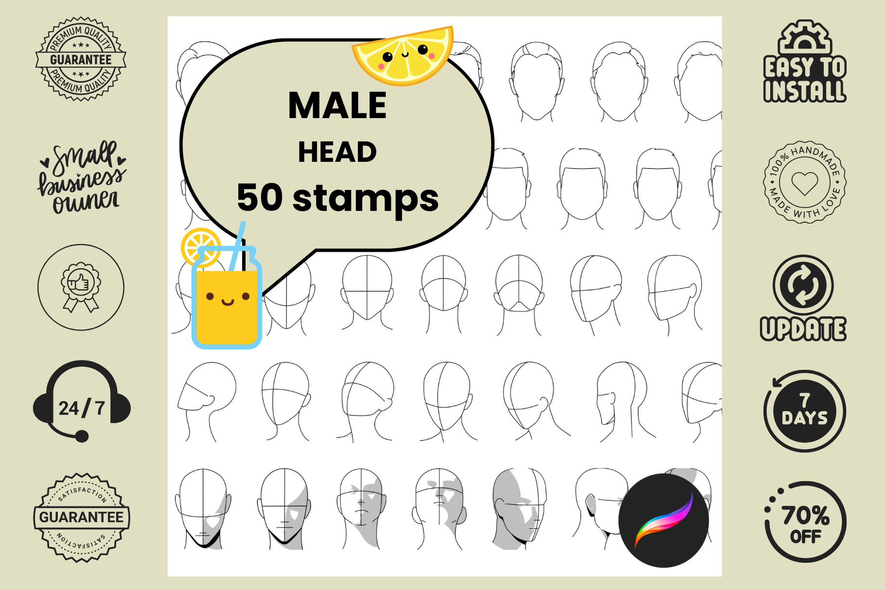 50 Male Head Angles Procreate Stamps for Anatomy Practice - Cozy Brushery