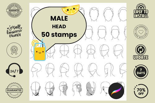 50 Male Head Angles Procreate Stamps for Anatomy Practice - Cozy Brushery