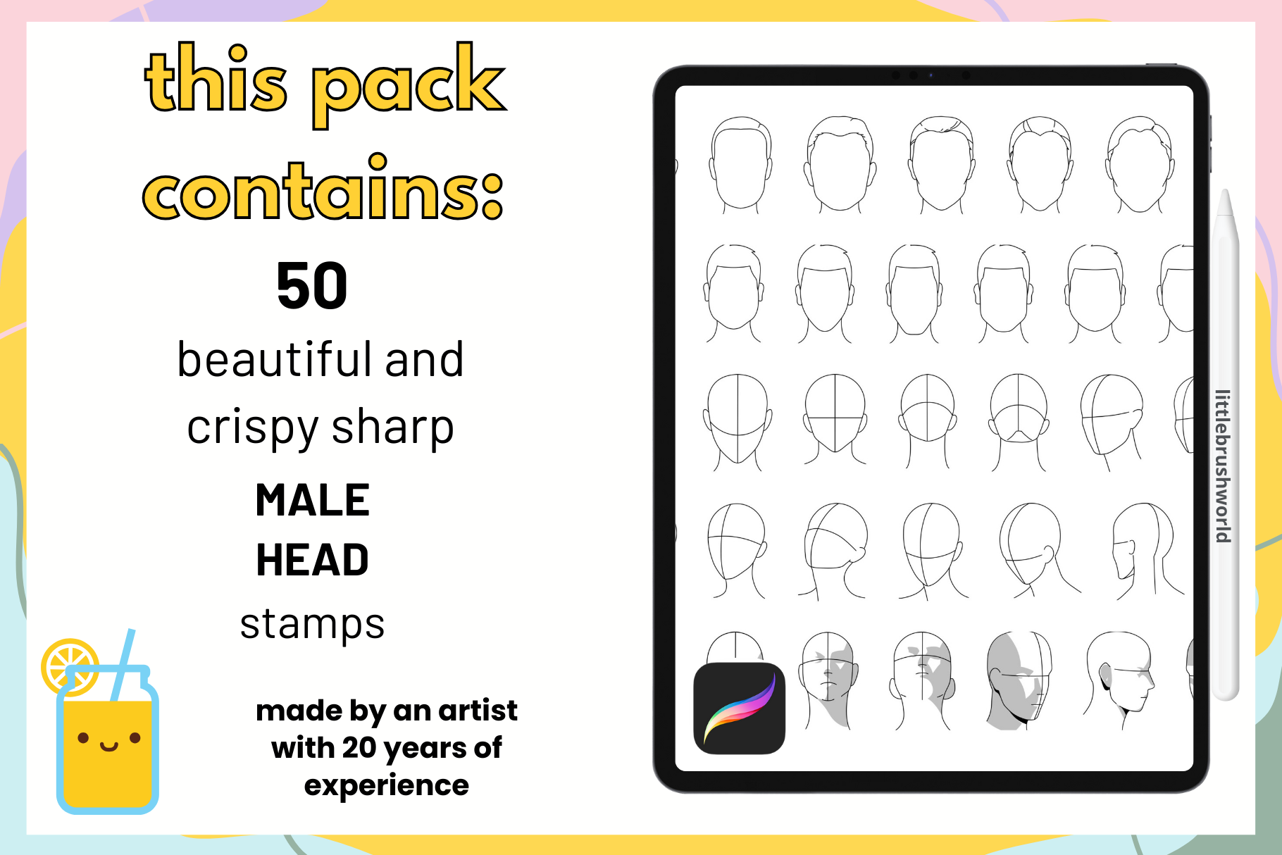 50 Male Head Angles Procreate Stamps for Anatomy Practice - Cozy Brushery