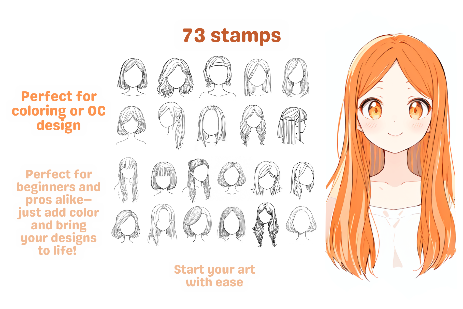 Anime Girl Hair Stamps – 45 Procreate Stamps for Color Practice & Quick Art - Cozy Brushery