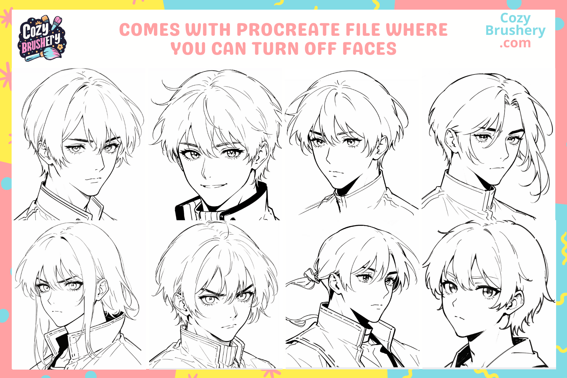 Anime Guy Procreate Stamp Brushes Bundle - Male Face Stamps, Man Boy Guy Head Hair Eyes Stamps, Instant Digital Download - Cozy Brushery