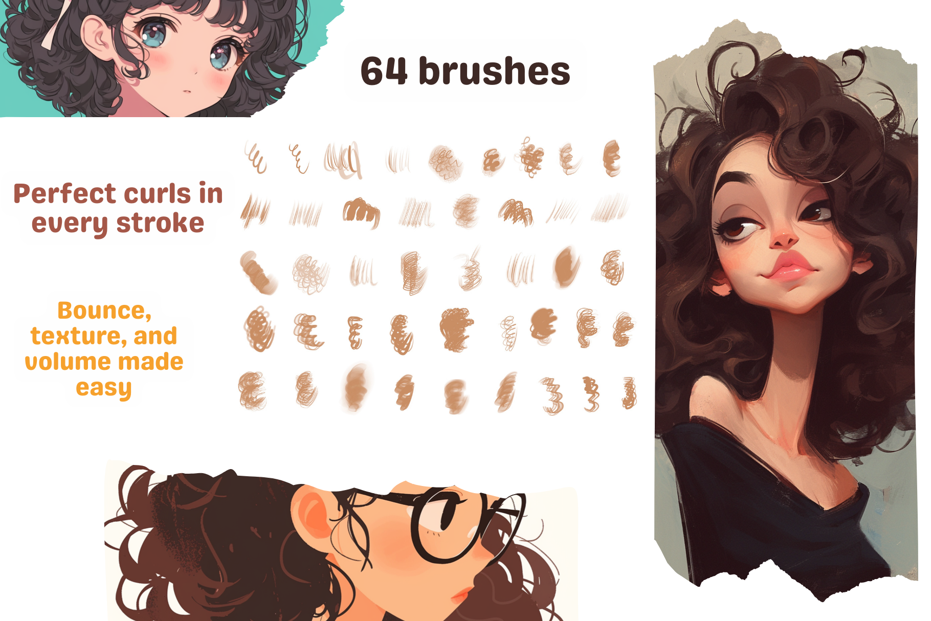 Curly Hair Brushes – 64 Procreate Brushes for Textured Curls - Cozy Brushery