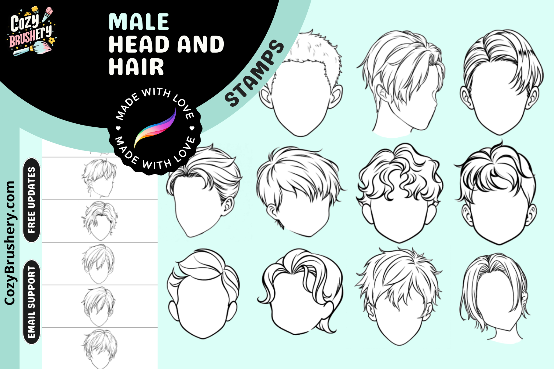 Dynamic Male Portrait & Hair Stamp Set 50 Procreate Brushes - Cozy Brushery