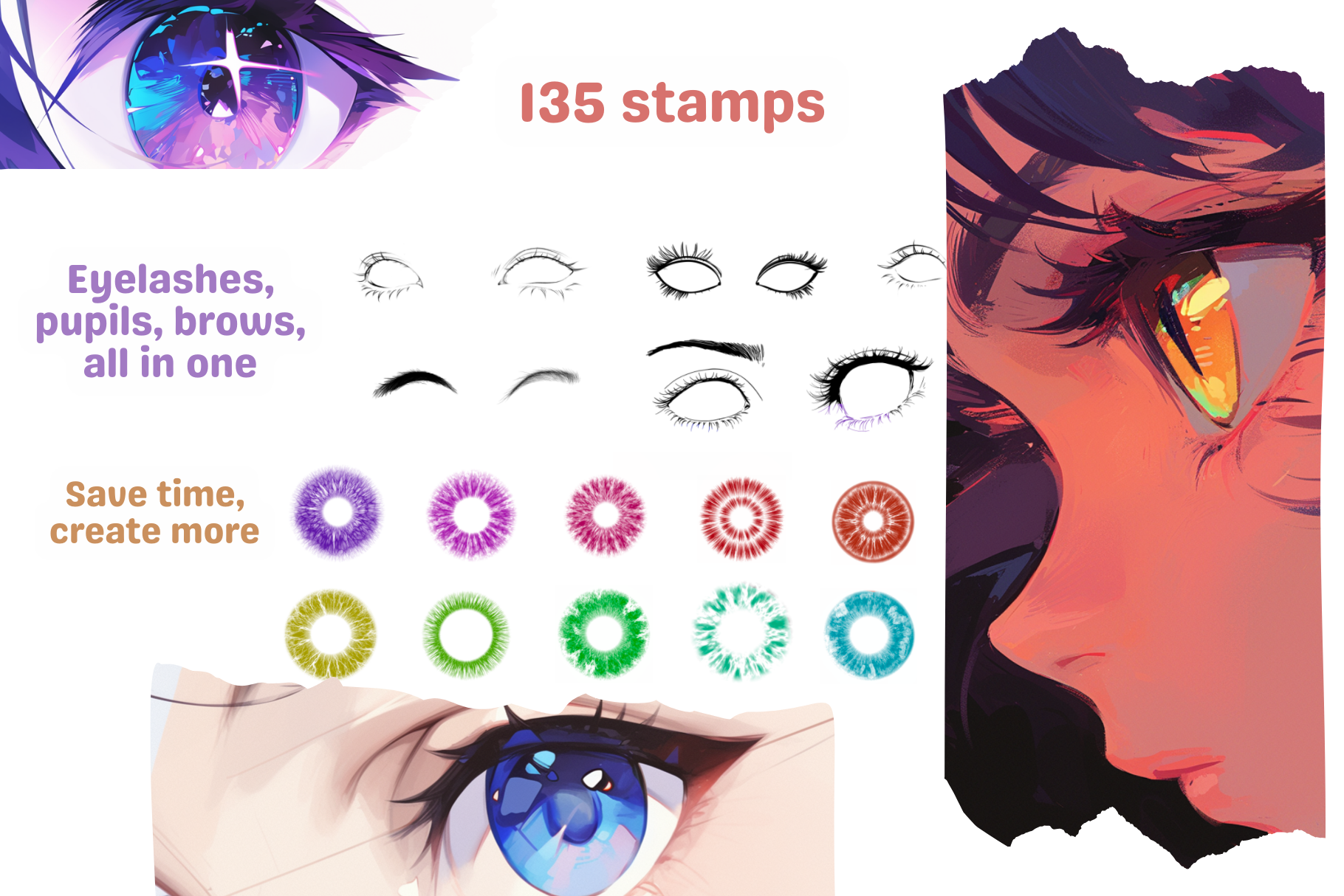 Eye Enchantment Pack – 28 Eyelash & 72 Realistic Iris Stamps - Cozy Brushery