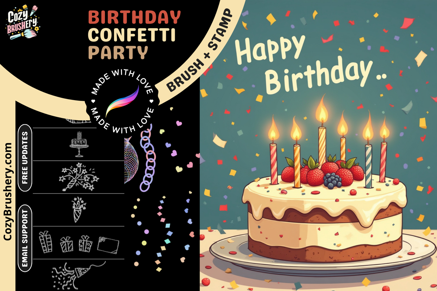 FREE Birthday Bash, 54 Stamps for Procreate: Cakes, Balloons, Stars & Fun Texts – Celebrate Creatively - Cozy Brushery