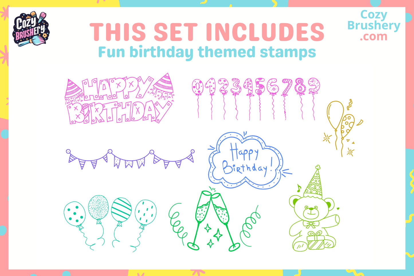 FREE Birthday Bash, 54 Stamps for Procreate: Cakes, Balloons, Stars & Fun Texts – Celebrate Creatively - Cozy Brushery