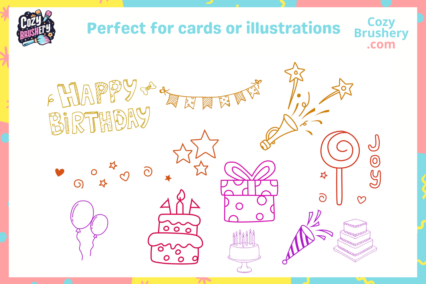 FREE Birthday Bash, 54 Stamps for Procreate: Cakes, Balloons, Stars & Fun Texts – Celebrate Creatively - Cozy Brushery