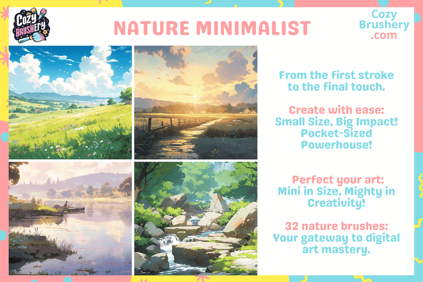 Free Nature Minimalist, Anime and Realism Brush Collection, Grass, Clouds, Foliage, Flowers - Cozy Brushery