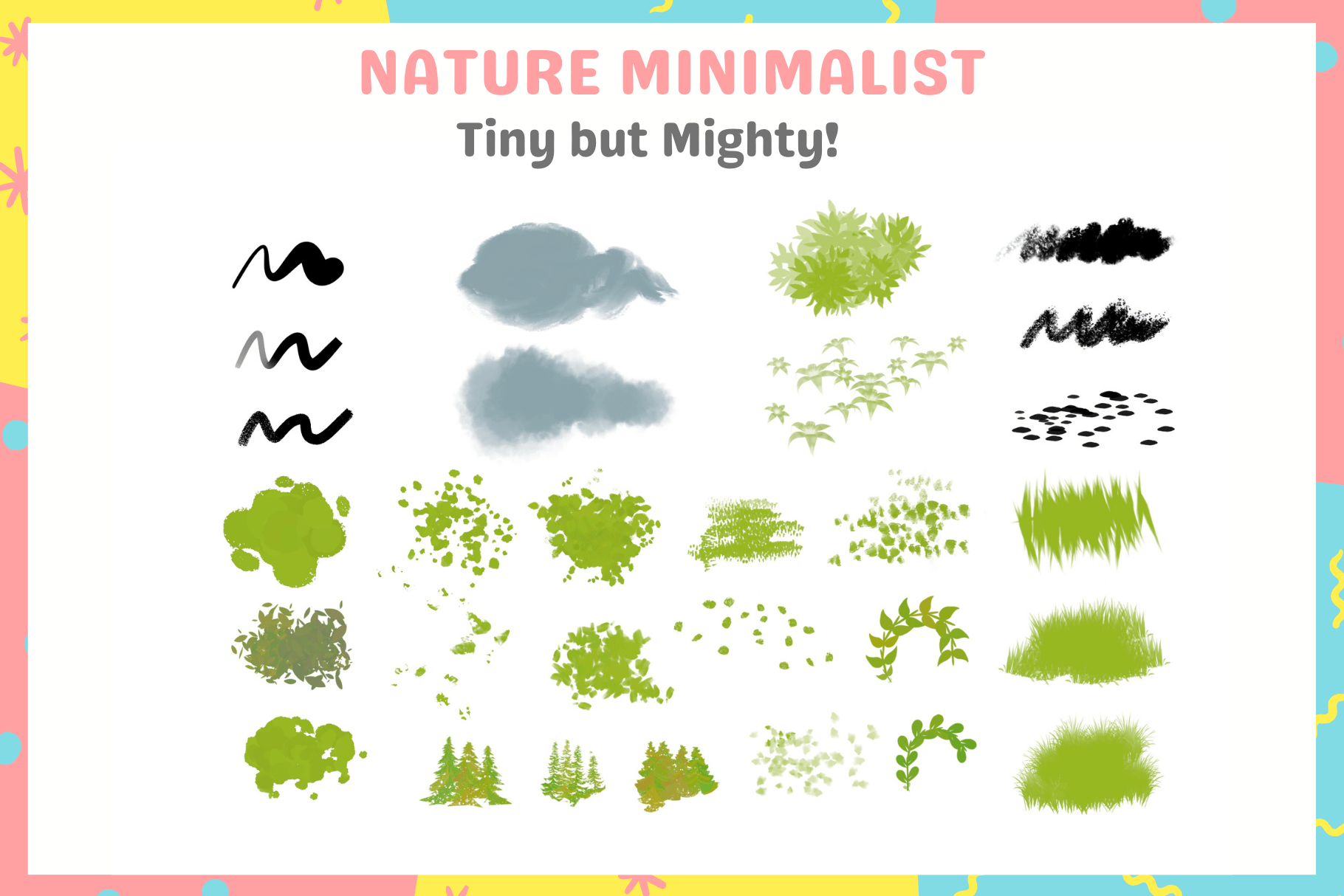 Free Nature Minimalist, Anime and Realism Brush Collection, Grass, Clouds, Foliage, Flowers - Cozy Brushery