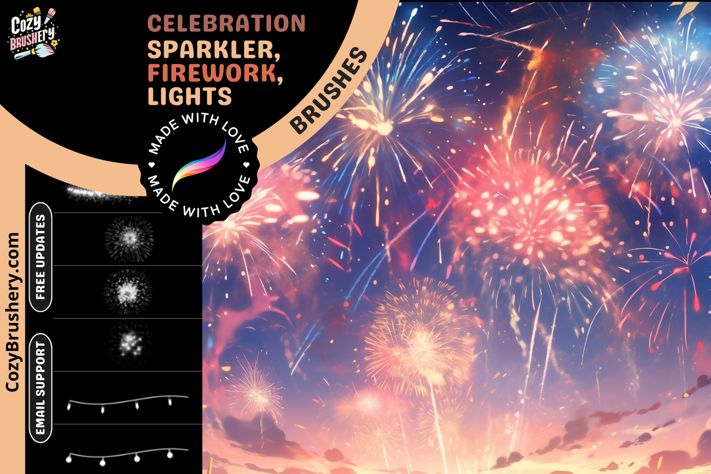 FREE New Year Celebration Party Procreate Brush Pack - Sparklers, Confetti, Fireworks, Christmas Lights, 13 Brushes - Cozy Brushery