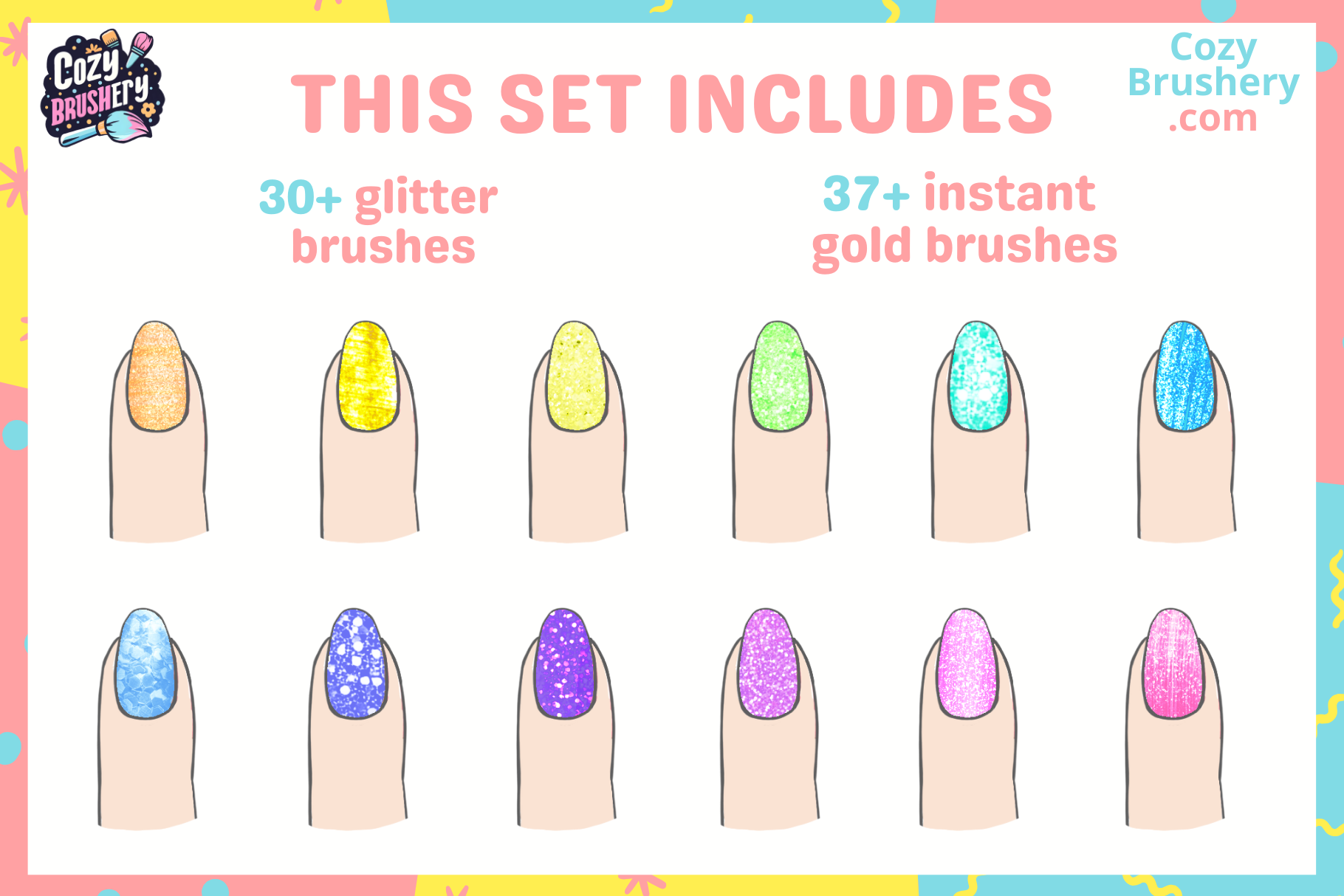 Fun Manicure – 38 Glitter Brushes and 52 Stamps Set - Cozy Brushery