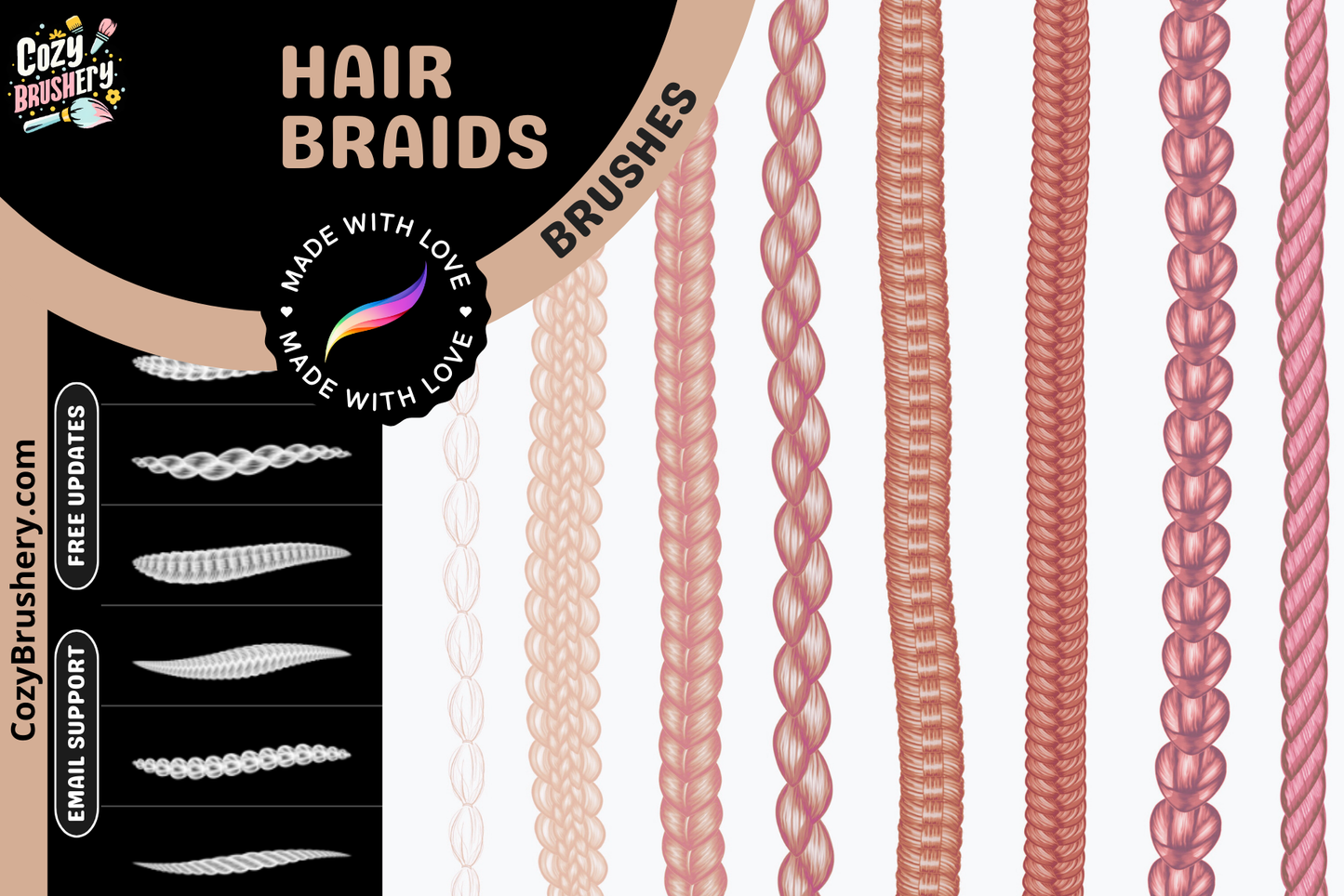 Hair Braids Brush Pack – 30 Procreate Brushes for Art - Cozy Brushery