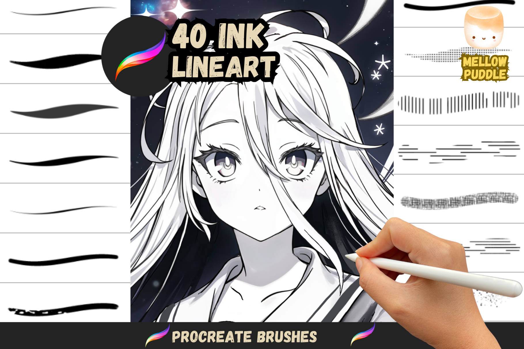 Ink Mastery – 40 Procreate Lineart Brushes for Art - Cozy Brushery