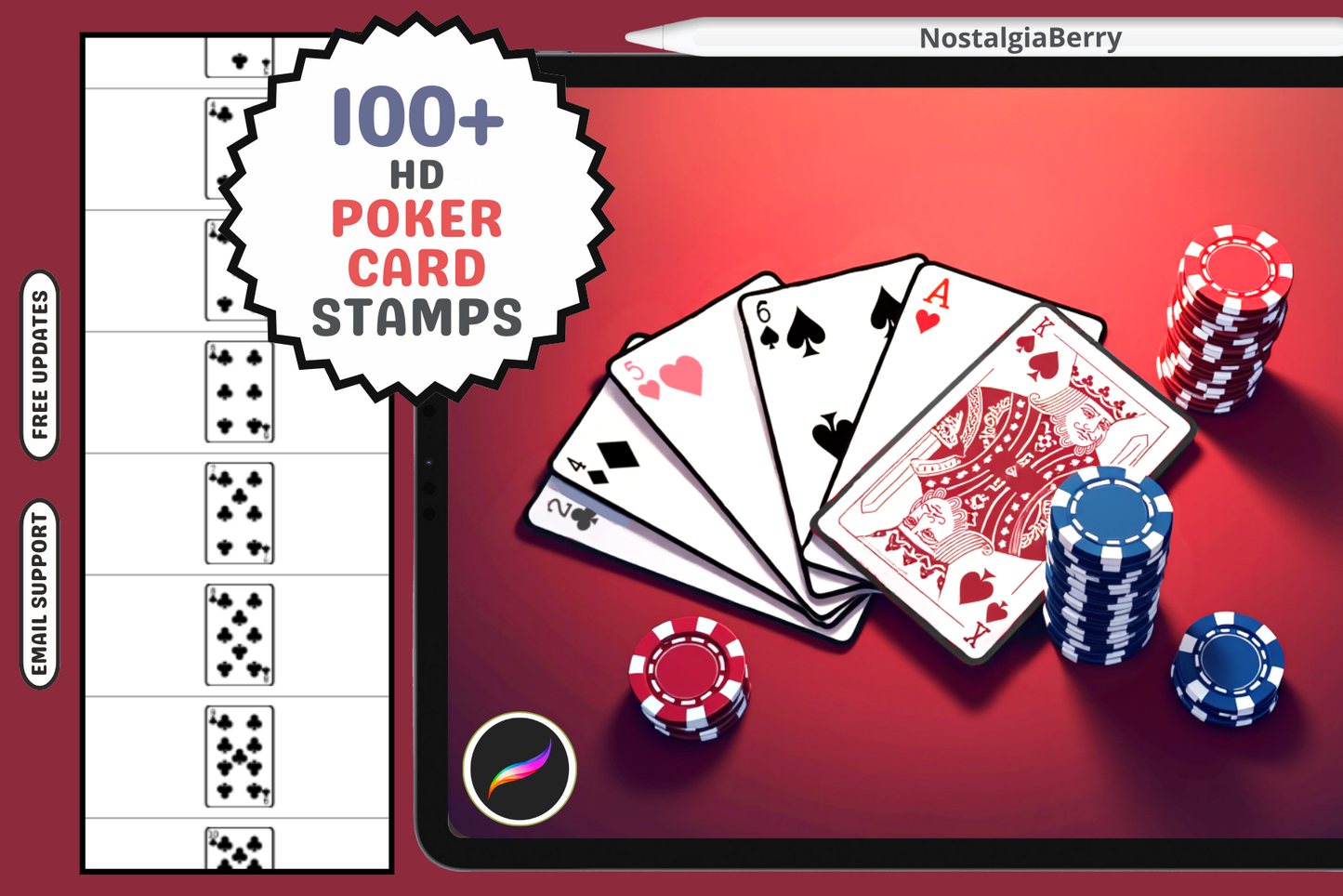 Colorful poker card stamps displayed with chips on a tablet screen, perfect for enhancing your Procreate designs.
