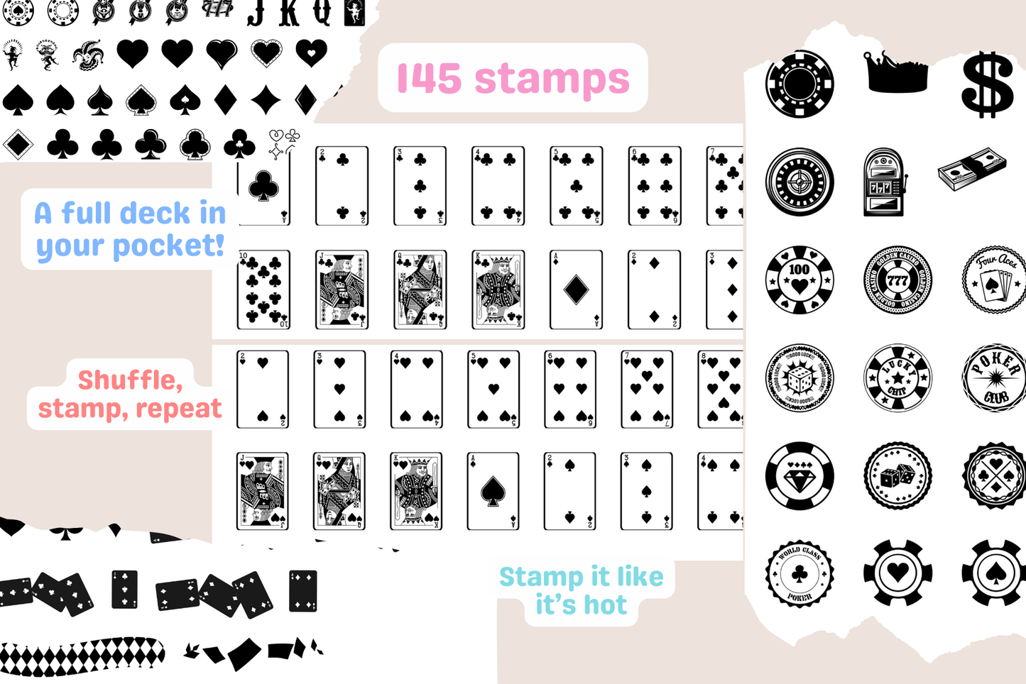 Collage of 145 Procreate playing card, chip, coin, and dice stamps for vibrant digital art.