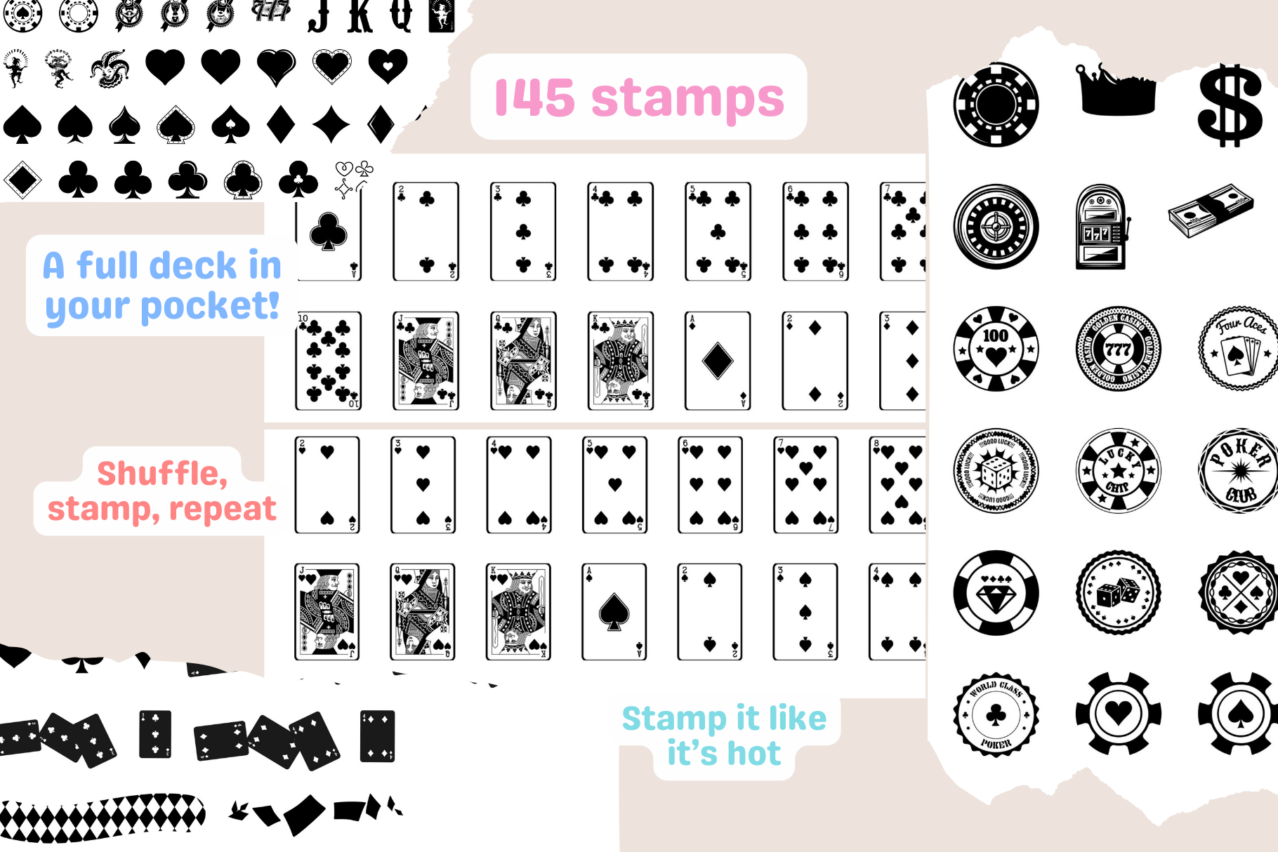 Collage of 145 Procreate playing card, chip, coin, and dice stamps for vibrant digital art.