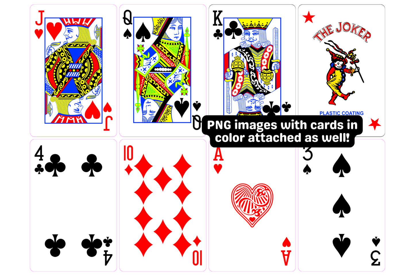 Colorful playing cards featuring a full deck with various suits, including jokers and numbered cards, in PNG format.