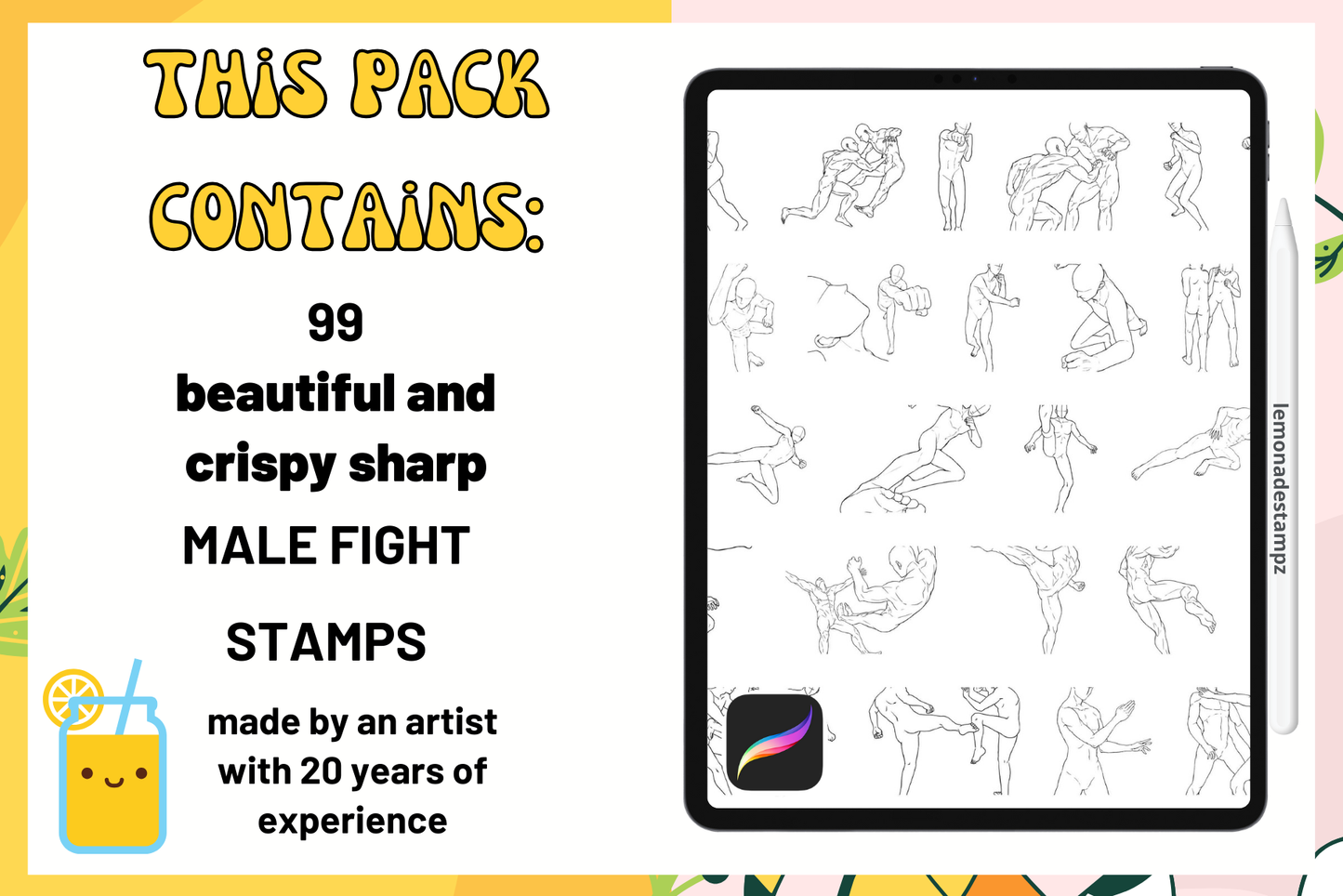 Male Fight Pose Pack – 99 Procreate Stamps for Action Art - Cozy Brushery