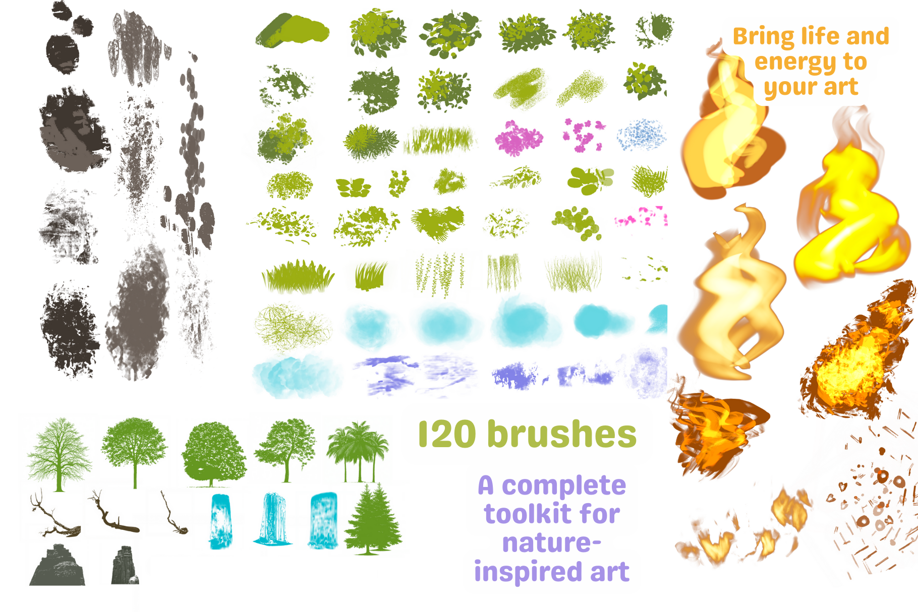 Nature Masterpiece – 120 Procreate Brushes for Foliage, Grass, Flowers, Fire, Snow & More - Cozy Brushery