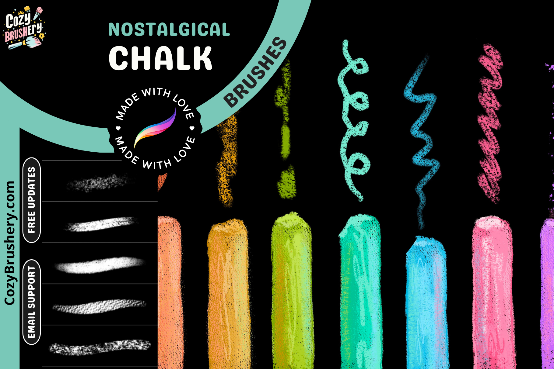 Nostalgic Chalk Brushes for Procreate - 31 Manga Tools - Cozy Brushery