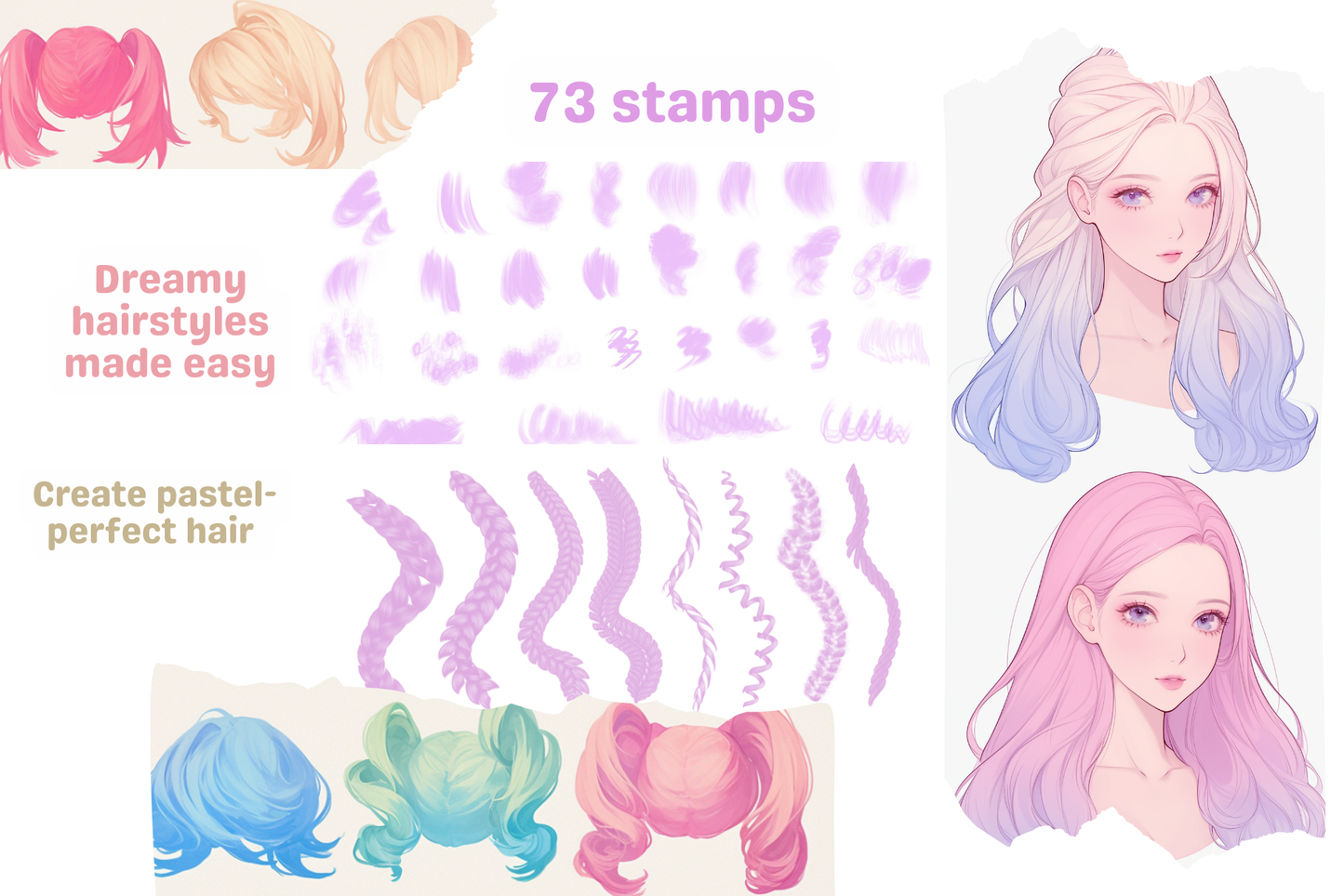 Pastel Hair Brushes – 60 Procreate Brushes for Soft Hair - Cozy Brushery