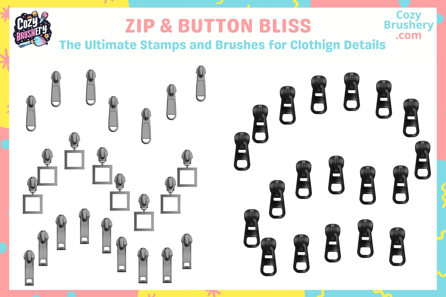 Procreate Brushes and Stamps: Closure Chic, 45 Fashion Brushes - Cozy Brushery