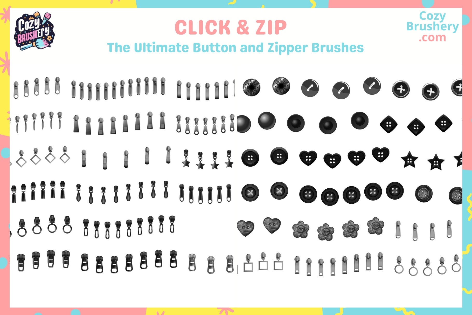 Procreate Brushes and Stamps: Closure Chic, 45 Fashion Brushes - Cozy Brushery