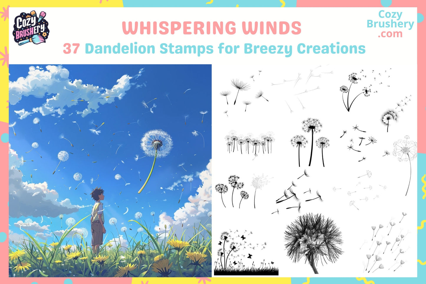 Procreate Brushes Dandelion Dreams Whimsical Stamps - Cozy Brushery