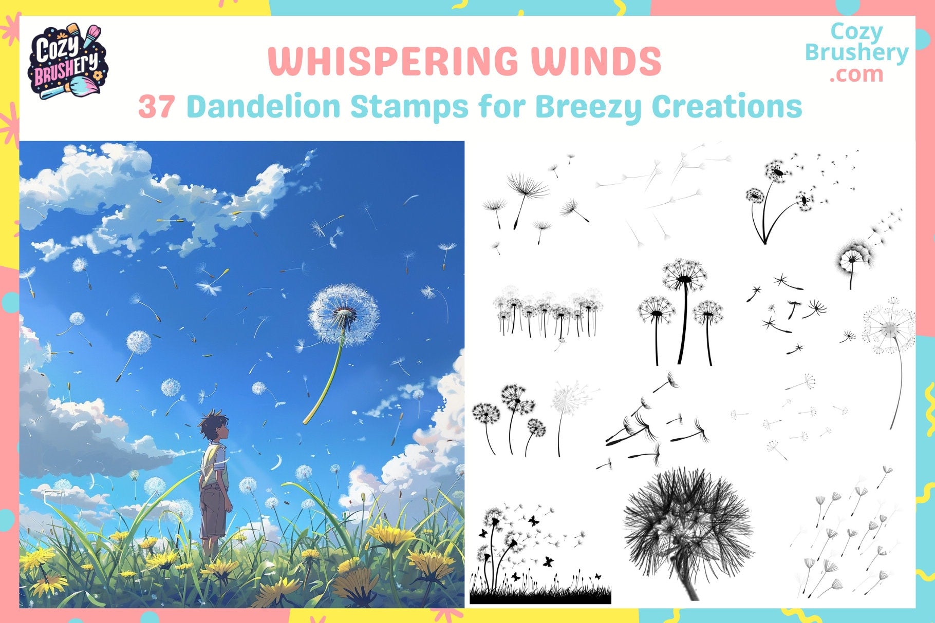 Procreate Brushes Dandelion Dreams Whimsical Stamps - Cozy Brushery