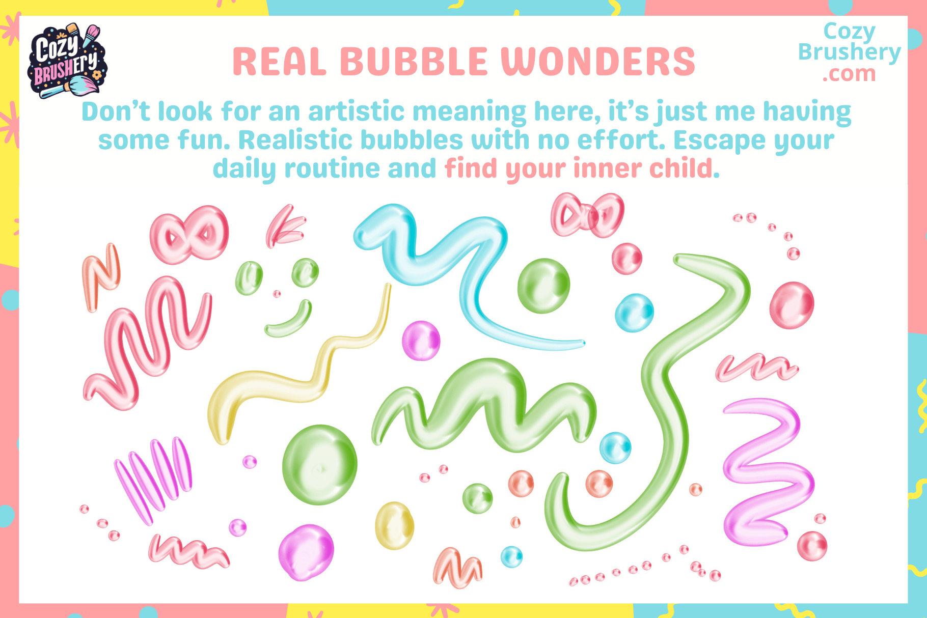 Procreate Brushes Fun Minimalist: Dreamy Escapade Pack, 9 Fun Brushes for Instant Magic, Fire, Bubbles, Ink, Neon, and More - Cozy Brushery