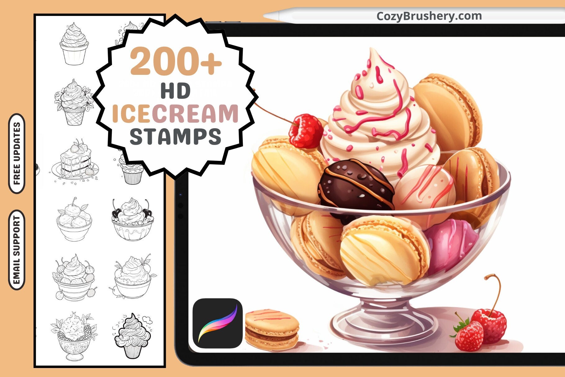 Procreate Brushes: Ice Cream Dream Pack 200+ Stamps - Cozy Brushery