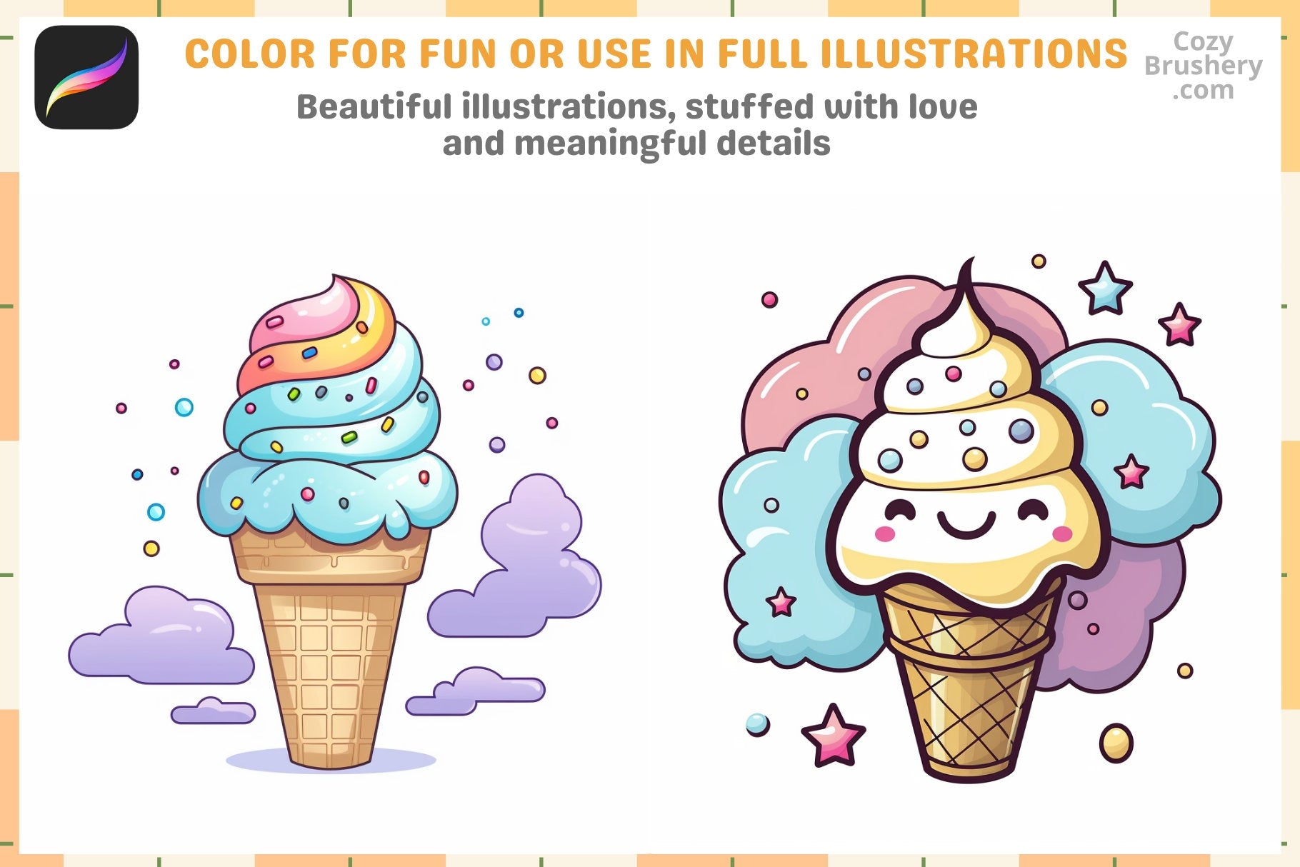 Procreate Brushes: Ice Cream Dream Pack 200+ Stamps - Cozy Brushery