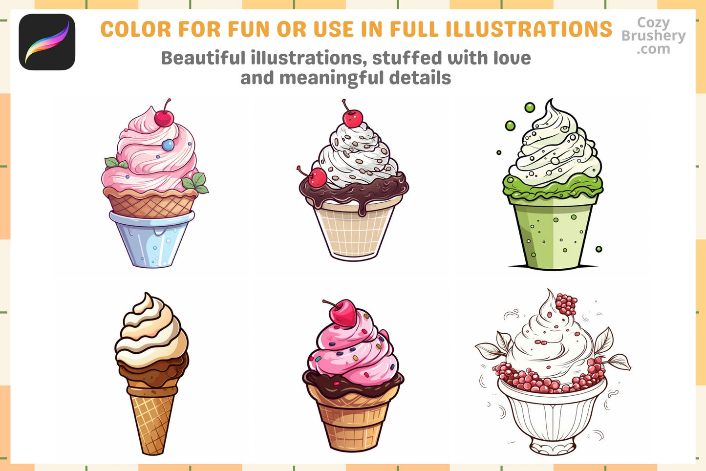 Procreate Brushes: Ice Cream Dream Pack 200+ Stamps - Cozy Brushery