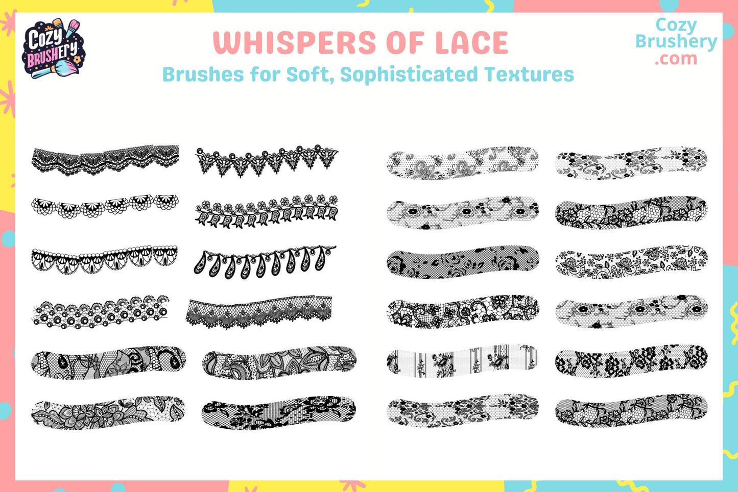 Procreate Brushes: Lace Lush, 187 Lace Brushes Set - Cozy Brushery