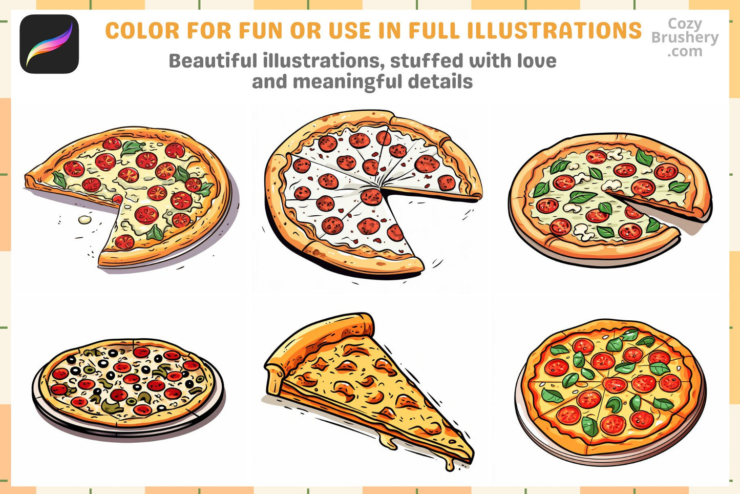 Procreate Brushes: Pizza Party Pack, 200 Plus Stamps - Cozy Brushery