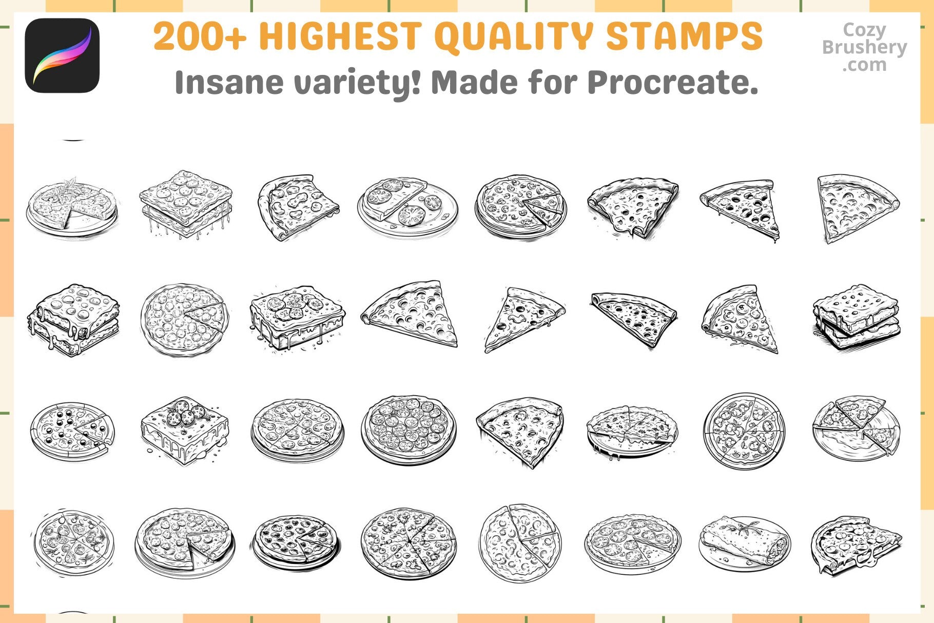 Procreate Brushes: Pizza Party Pack, 200 Plus Stamps - Cozy Brushery
