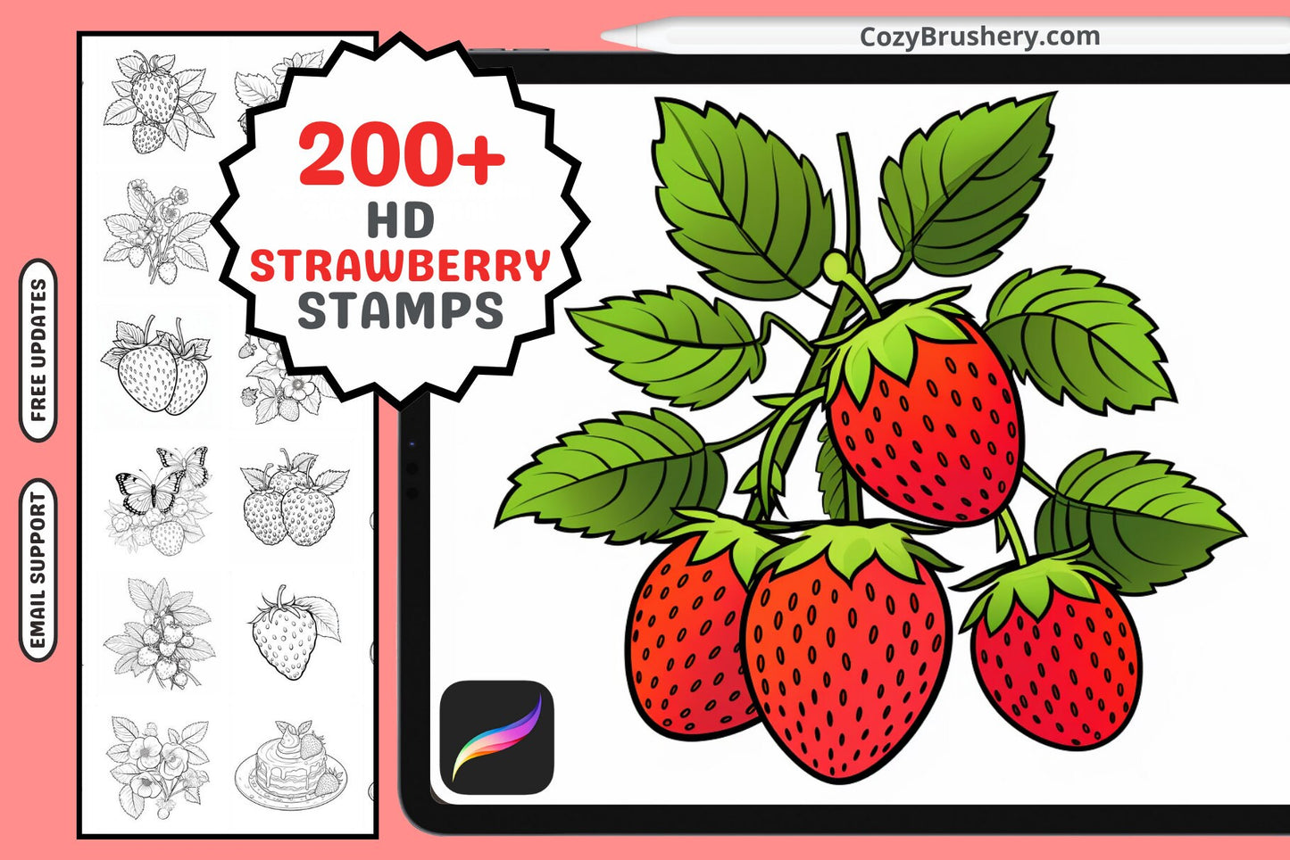 Procreate Brushes Strawberry Fields Pack 200 Plus Fruit Stamps - Cozy Brushery