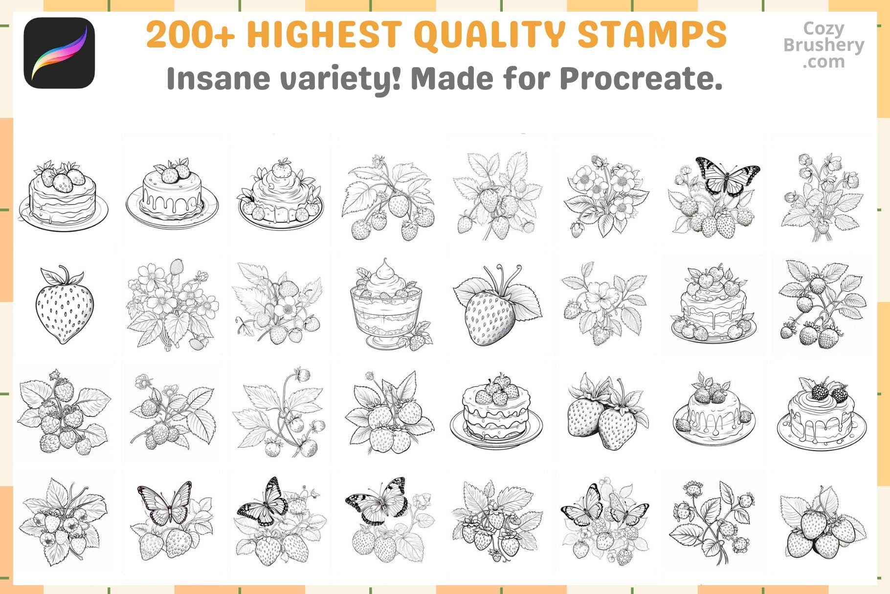 Procreate Brushes Strawberry Fields Pack 200 Plus Fruit Stamps - Cozy Brushery